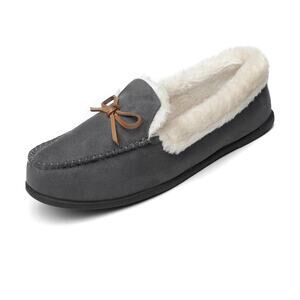 BONLONG Mens Moccasin Slippers Soft Leather Flat Suede Fur Collar 8 Darkgrey NWT